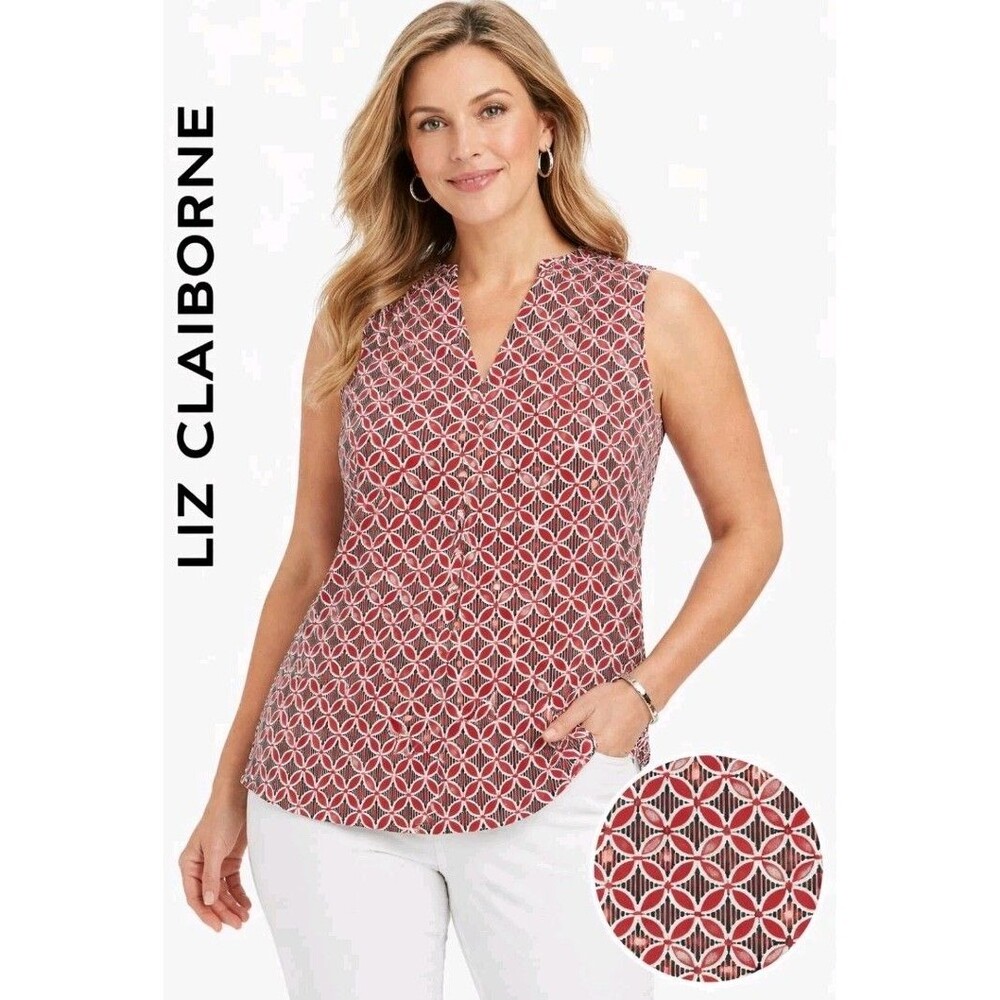 LIZ CLAIBORNE Womens L Stretch Sleeveless Abstract V-Neck Red White Black Top